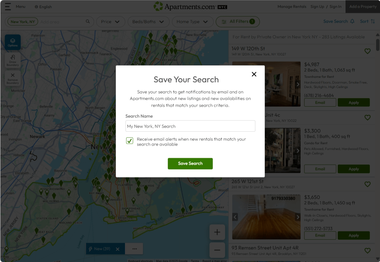 A screenshot shows the "Save Your Search" popup on Apartments.com.
