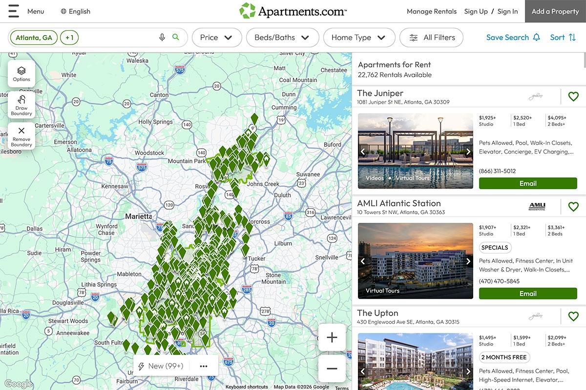 Apartments.com map search page.