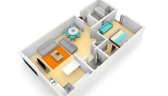 A bird's eye view of a one-bedroom floorplan.