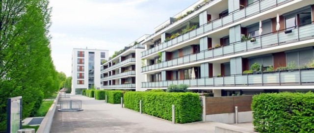 A modern condominium complex with hedges and a walkway.