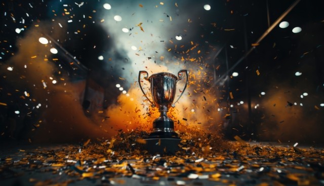 Trophy surrounded by smoke and confetti