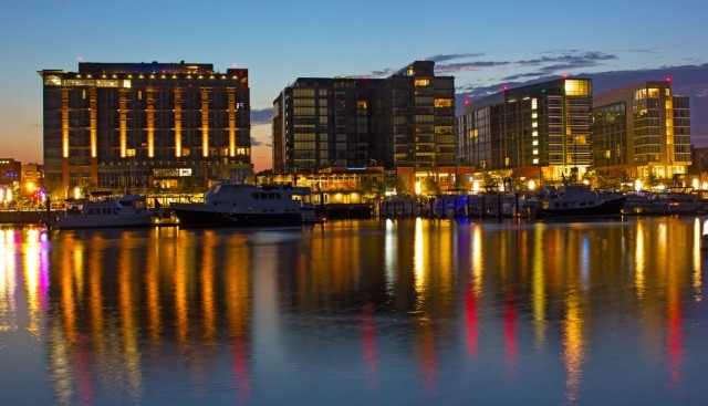 Waterfront view of Washington, DC at dusk.