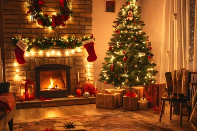 A cozy living room showcases holiday decor with stockings, garlands, a tree, and lights.