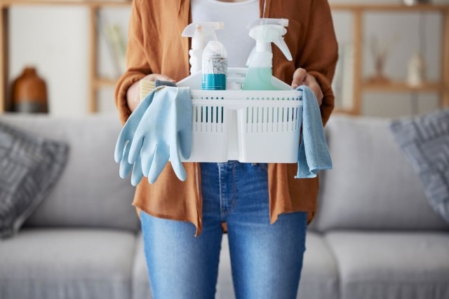 A person holds a white caddy full of cleaning supplies.