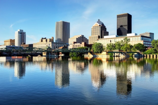 Downtown Rochester from the water on a sunny day.