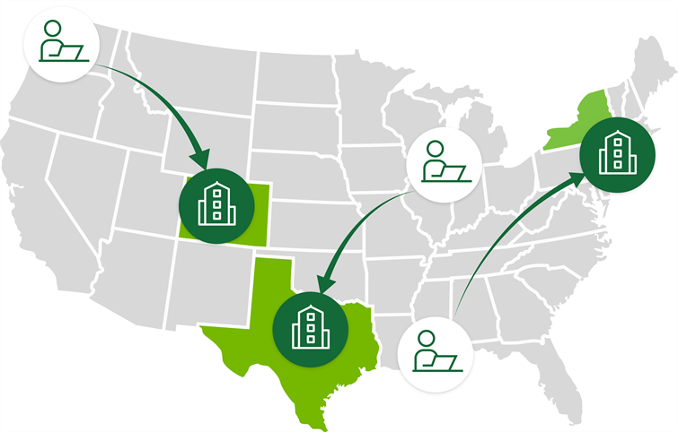 A map of the united states with icons of renters moving to apartments