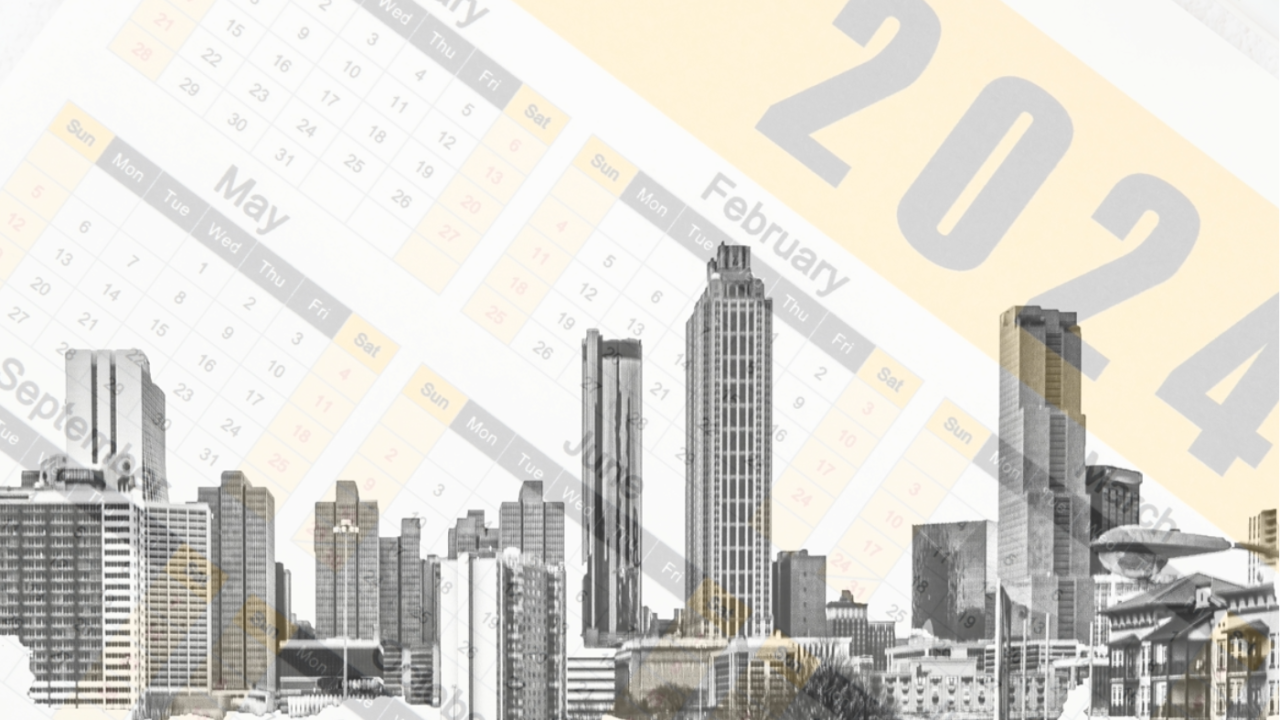 Urban skyline superimposed over a 2024 calendar