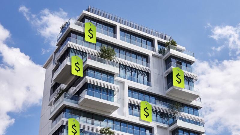 Photo-illustration of apartment building with price tags hanging off balconies