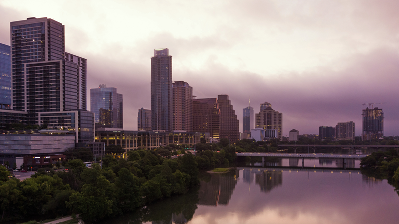 Austin cityscape with an overcast, gloomy sky