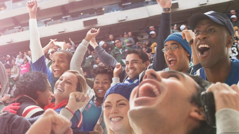 Sports fans cheer in bleachers