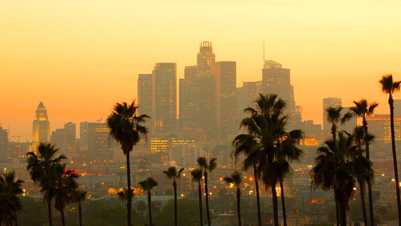 Los Angeles skyline with orange sky