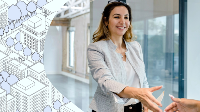 Businesswoman shaking hands with backdrop of apartment buildings