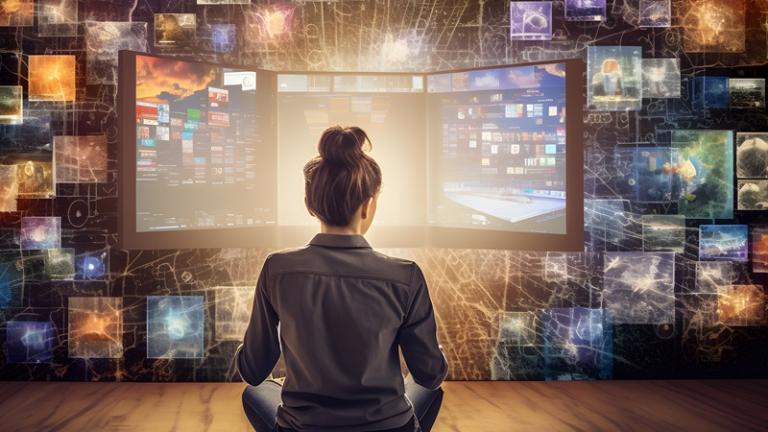 Woman sits in front of multiple screens