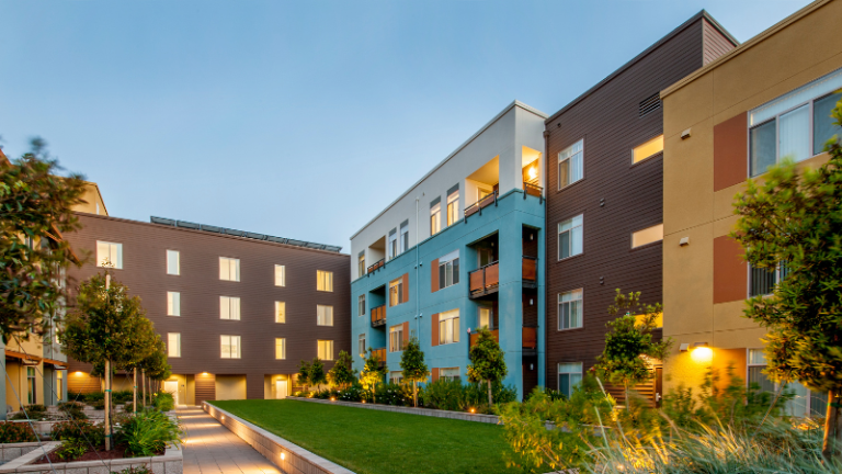 Apartment community at dusk