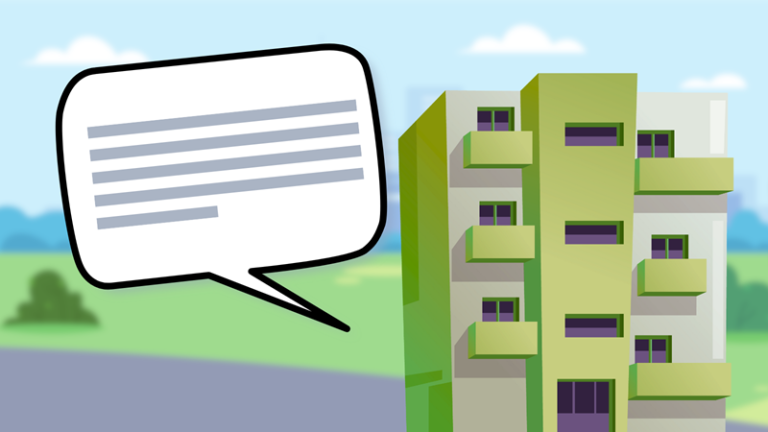 Property description: apartment building with text bubble