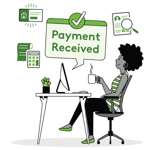 A relaxed woman holding a cup of coffee after having received a payment online.