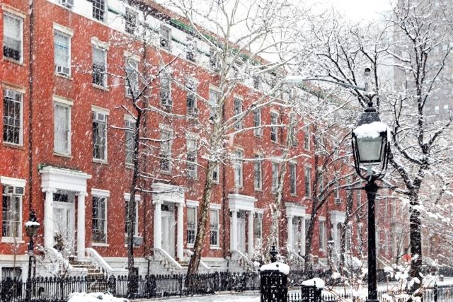 Apartment buildings in snow