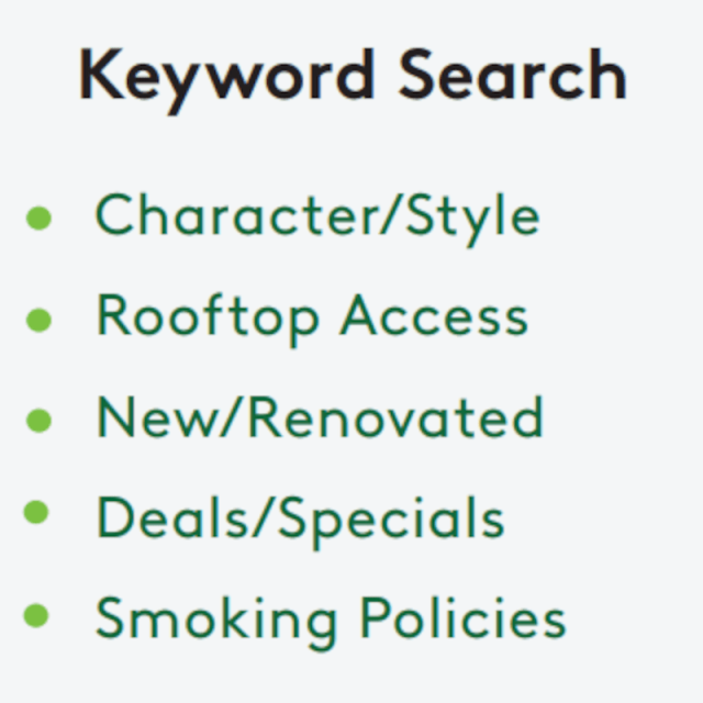 The top keywords that renters search for in Philadelphia include “character/style,” “rooftop access," "new/renovated," "deals/specials," and "smoking policies."