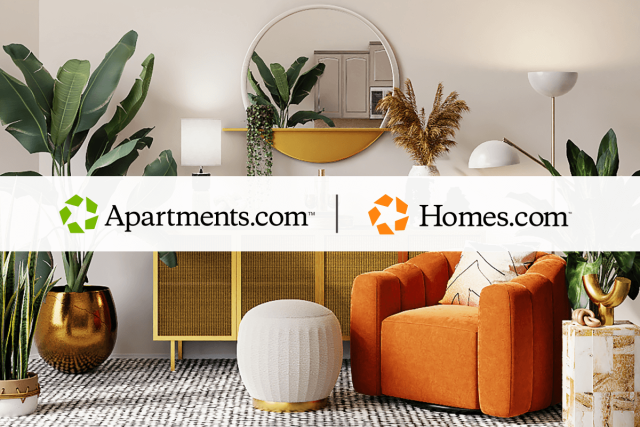 A side-by-side of the Apartments.com and Homes.com logos overlays a photo of a cozy apartment with an orange armchair surrounded by plants.