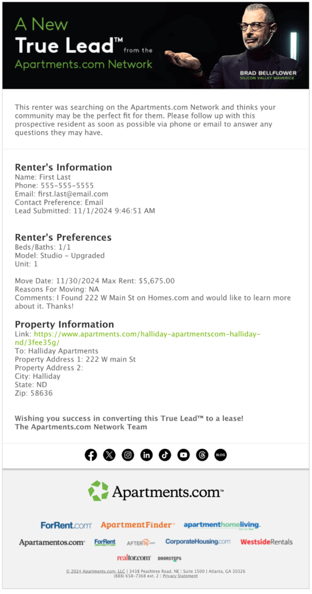 A sample inquiry form from Homes.com shows the prospective renter's personal information, rental preferences, and the rental they're inquiring about.