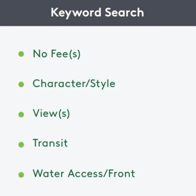 The top keywords that renters search for in New York City include “no fee(s),” “character/style," "view(s)," "transit," and "water access/waterfront."