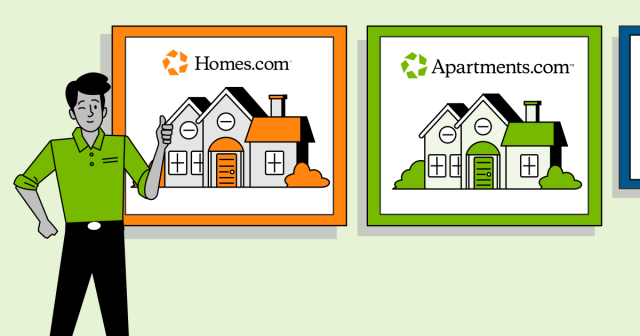 A cartoon graphic shows a man standing in front of Homes.com and Apartments.com posters.