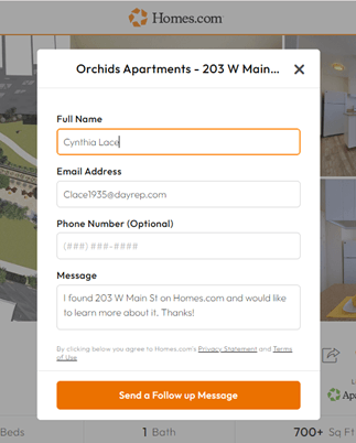 The messaging function on Homes.com allows prospective tenants to seamlessly send inquiries about rentals to property managers.