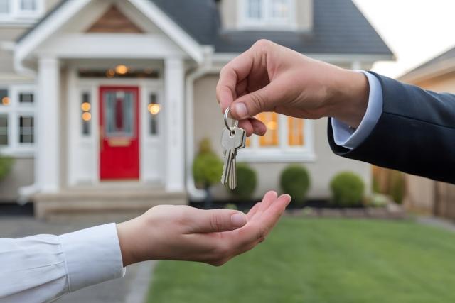 A close-up shot of a landlord handing a tenant the keys to a rental home.