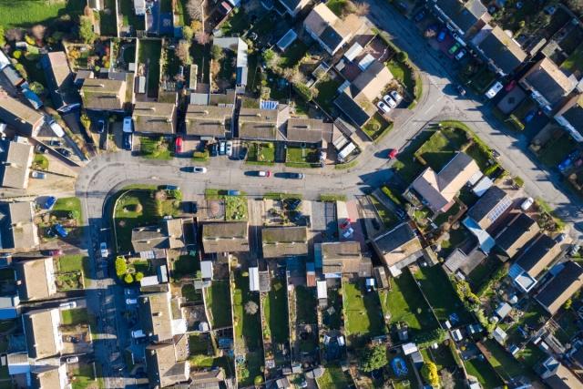 Top-down shot of neighborhood.