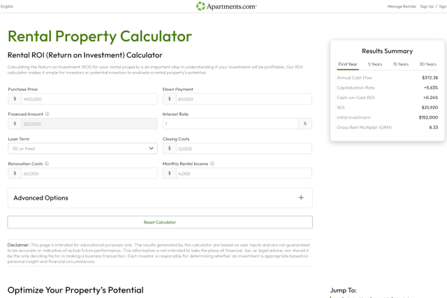 Screenshot of Apartments.com's rental property calculator.