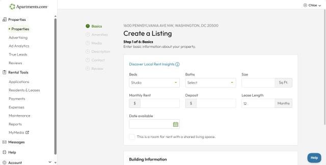 A screenshot of the first page of creating a listing shows an empty field for users to fill out basic rental information.