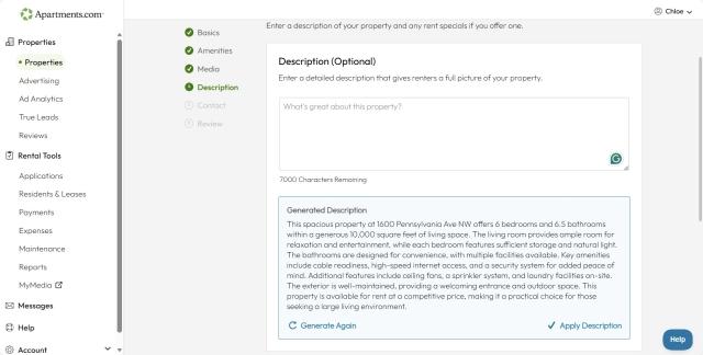A screenshot shows a property description generated with Apartments.com's integrated AI tool.