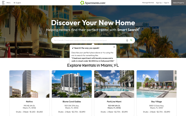 A screenshot of the Apartments.com home page shows the AI Smart Search feature activated in the search bar.