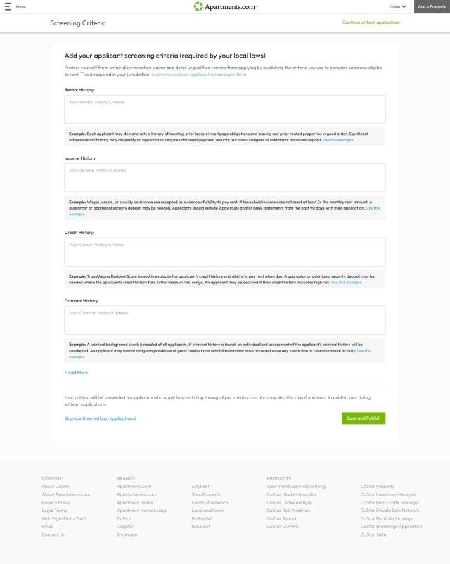 A screenshot of the screening criteria property managers may need to add.