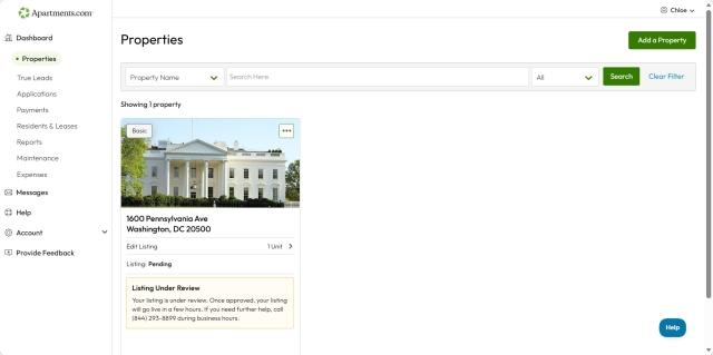 A screenshot of the Properties dashboard on Apartments.com Rental Tools shows a published property pending review.