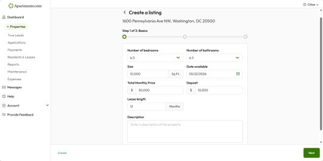 A screenshot of the first step in the listing creation process on Apartments.com shows the basic information filled out.