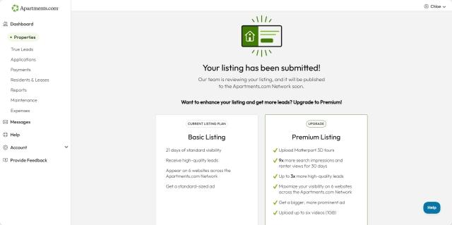 A screenshot of the published page after editing a listing shows the option to upgrade a listing to Premium.