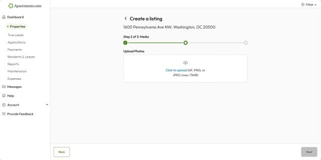 A screenshot of the second step in the listing creation process on Apartments.com shows a box where users can upload photos.