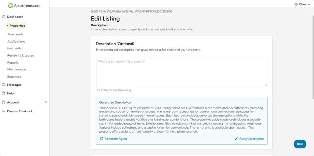 A screenshot of the description editing page shows a property description generated with Rental Tools' integrated AI tool.