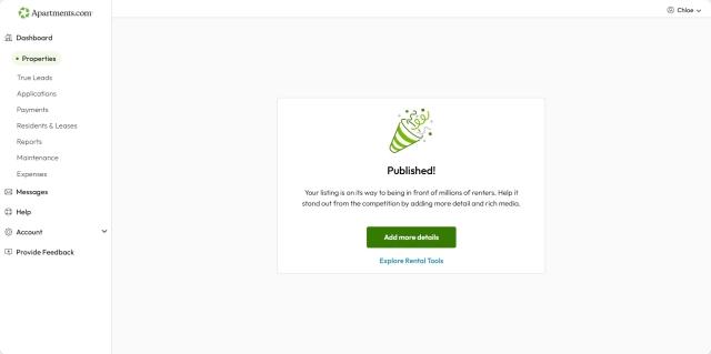 A screenshot of a page declaring a user's listing has been published.