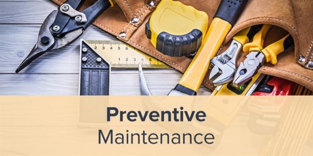 Toolbelt with tools on tabletop and "Preventative Maintenance" text overlay