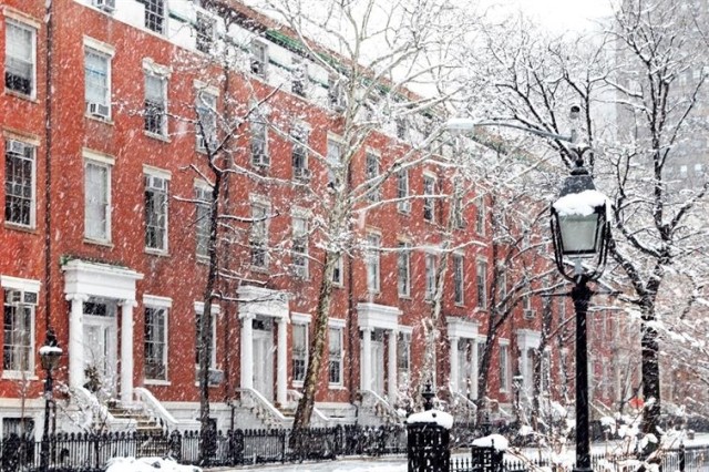 apartment building in snow