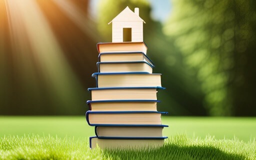 A small, wooden house sitting on top of a stack of books.