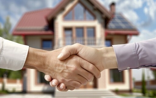 Renter and landlord shaking hands over price negotiations. 