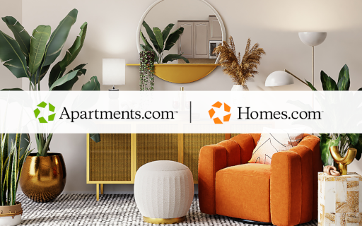 A side-by-side of the Apartments.com and Homes.com logos overlays a photo of a cozy apartment with an orange armchair surrounded by plants.