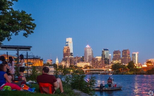 Looking at the Philadelphia skyline over a river during the evening.