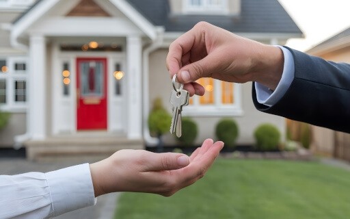 A close-up shot of a landlord handing a tenant the keys to a rental home.