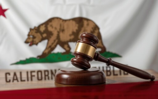 Legal gavel in front of California flag
