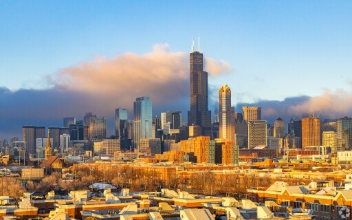 A view of the Chicago skyline from the East Pilsen neighborhood.